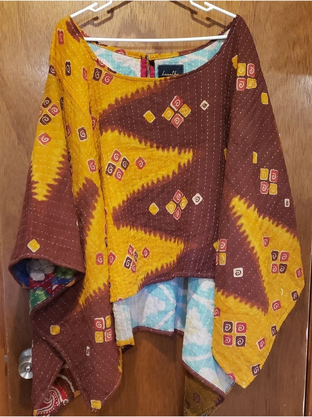 Reversible Patchwork Cotton Kantha Poncho  with Brown, Mustard & Magenta Accents